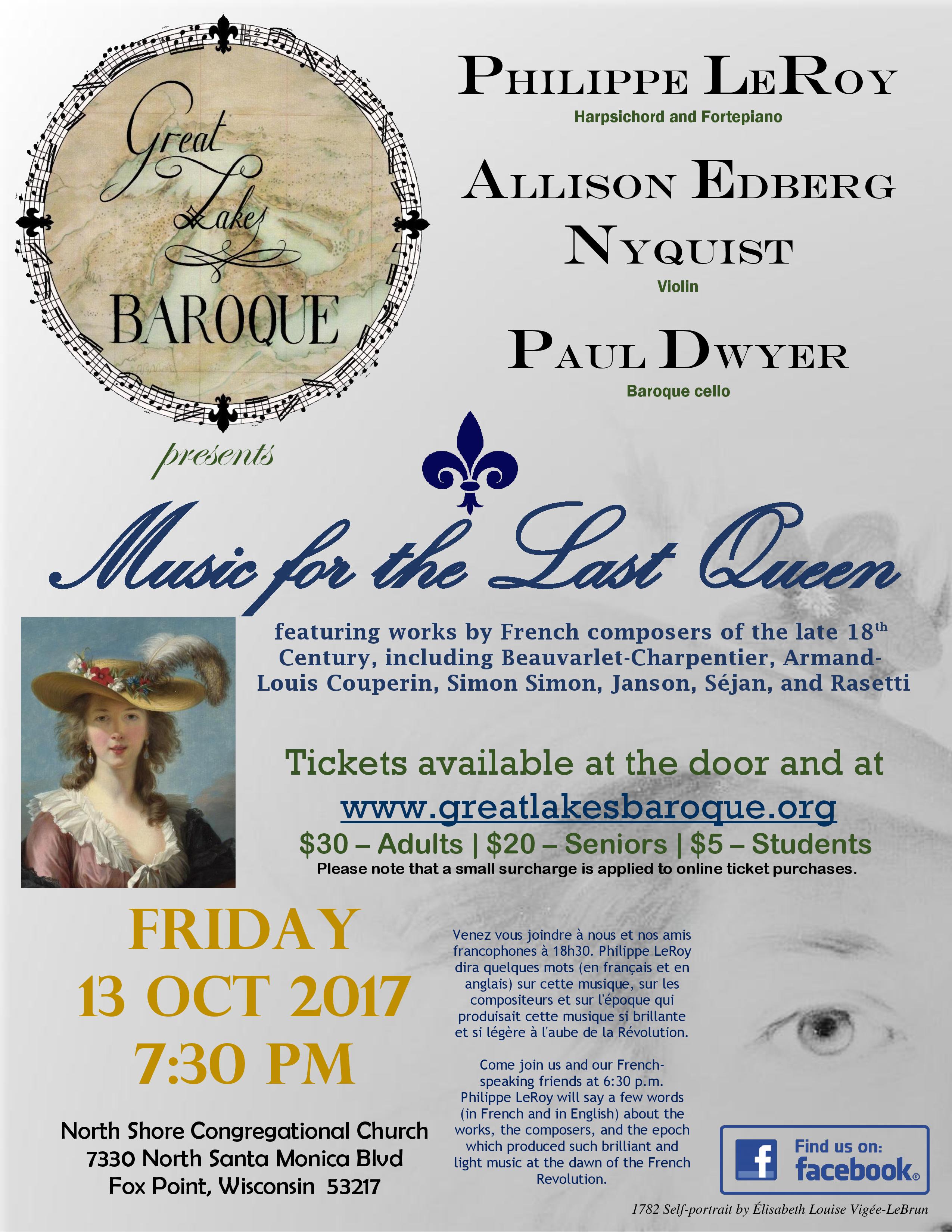 Great Lakes Baroque presents MUSIC FOR THE LAST QUEEN - Friday, 13 October 2017 Great Lakes Baroque presents MUSIC FOR THE LAST QUEEN - Friday, 13 October 2017